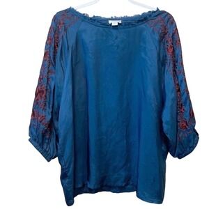 Sundance Blouse Embroidered Viscose‎ Teal Blue Burgundy Medium Boho Western